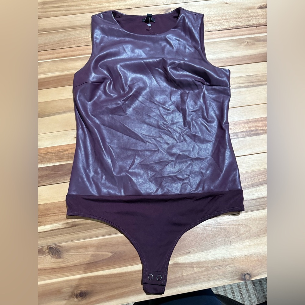 Express burgundy faux leather bodysuit small